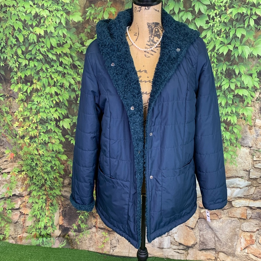 NWT HALOGEN Blue Hooded Sherpa Style Reversible Coat, S - Picture 4 of 16